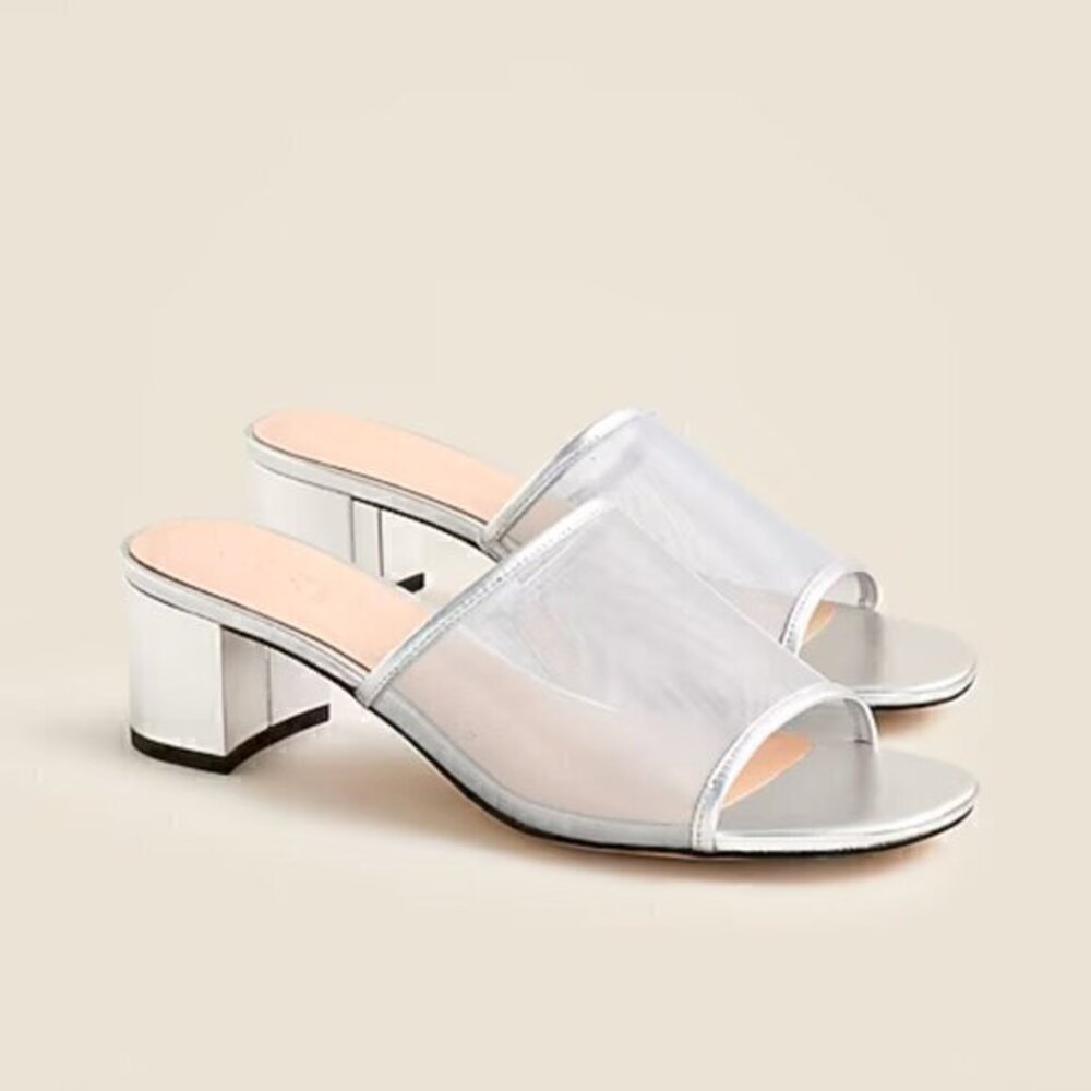 NWB J. Crew Mule Block Heel Sandals in Silver Metallic Mesh Size 12